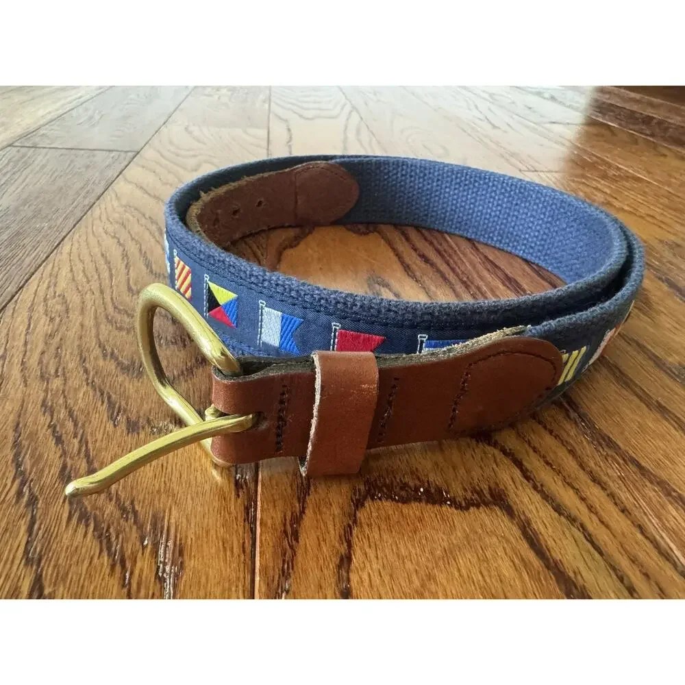 Leather Man Ltd Belt Mens 36 Navy Web Brass Buckle Embroidery Nautical Flags USA